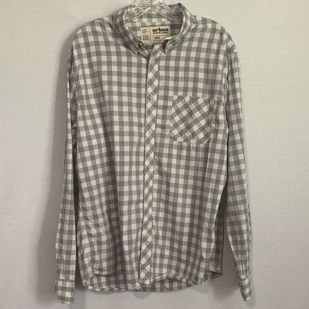 Urban Pipeline Men's Sz Large Long Sleeve Gray/White Checkered Shirt
